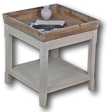 elbmöbel Beistelltisch Couchtisch Wohnzimmertisch im Landhausstil Antik weiß-braun robust Holz mit abnehmbaren Holz-Servier-Tablett H55 x B50 x T50 cm