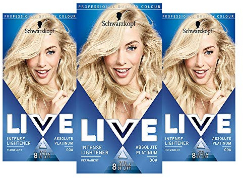 Schwarzkopf Live Intense Blonde Lightener, 3-Pack Permanent Colour with Anti-Yellowing, 00A Absolute Platinum