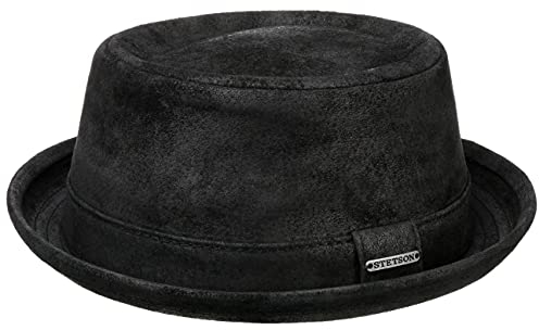 Stetson Pennsylvania Pigskin Leder Porkpie Hut Herren Gefütterter Pork Pie Fedora Used-Look Robuster Herrenhut Sommer Winter schwarz XXL (62-63 cm)
