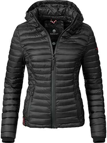 MARIKOO leichte Damen Übergangsjacke kurz mitteldick gefütterte Steppjacke mit Kapuze Samtpfote Schwarz Gr. XL