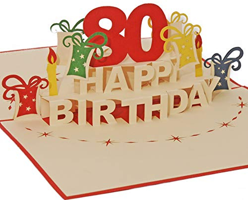 Favour Pop Up Glückwunschkarte zum runden 80. Geburtstag. Ein filigranes Kunstwerk, das sich beim Öffnen als Geburtstagstorte entfaltet. ATA80R