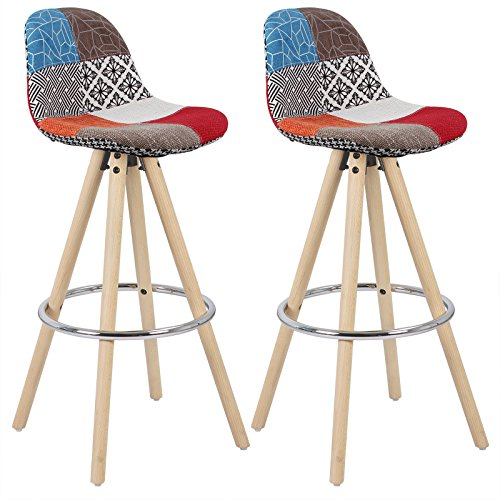 WOLTU Barhocker 2er Set Barstuhl aus Leinen Holzgestell mit Lehne + Fußstütze Design Stuhl Küchenstuhl optimal Komfort Patchwork Mehrfarbig BH45mf-2
