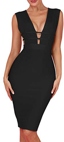 UONBOX Women's Sleeveless Deep Plunge V Neck Night Club Party Bandage Dress with Waist Straps (M, Black)