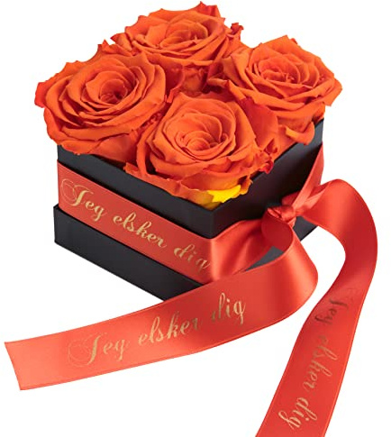 ROSEMARIE SCHULZ Heidelberg Norwegisches Geschenk Liebe - Infinity Rosenbox 4 echte Rosen orange haltbar 3 Jahre 8,5 x 8,5 cm - Valentinstag für sie (Jeg elsker dig, Orange)