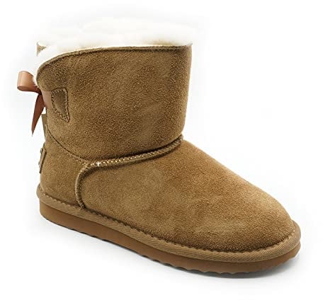 OOG Boots Damen 6 Zoll Premium Stiefel mit Schleife, Schneestiefel mit Echt-Leder, warme und Fell gefütterte Winterschuhe, rutschfeste, Flache und Kurze Stiefel in Camel 40 EU
