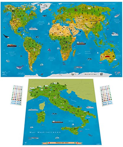 WIDETA Mappa del mondo illustrata in italiano/Poster XXL (82 x 44 cm), Carta solida plastificata (grammatura 300g/m²) / Bonus grande mappa dell'Italia y adesivi