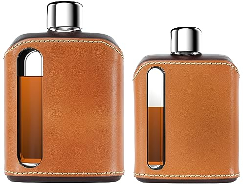 Moderner Flachmann aus Glas für Whiskey und Spirituosen (Single Shot 100ml + Double Shot 240ml, Leder Dark & Tan)