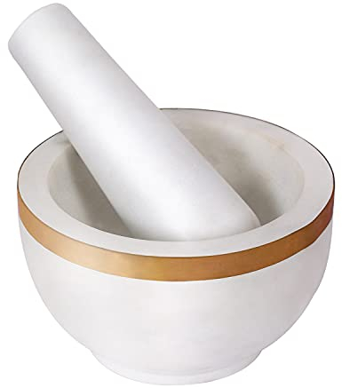 Divit Shilp Mortar and Pestle, Made of Heavy Duty Polished Hard Stone, Natural Stone Grinder for Spices, Pastes, Herbs, Seasoning etc. (Marble with Brass Top)