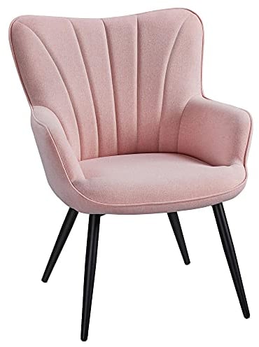 Yaheetech Modern Tub Chair, Linen Fabric Living Room Armchair, Side Vanity Chair with Curved High Back and Thick Soft Padded Seat for Bedroom Makeup Reading Nook, Pink