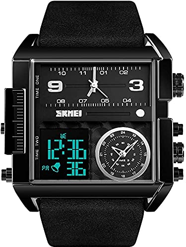 SKMEI-1391-F001 Quadratische Uhren für Herren, LED-Hintergrundbeleuchtung, großer Bildschirm, Multi-Zeitzonen-Herrenuhr, wasserdichte analoge Herren-Digital-Sportuhr, Schwarz; Größe L: 51 mm, Digital