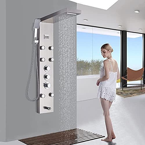 Huin Cascade thermostatique Panneau de douche à pluie Colonne de douche Colonne de douche Jets de massage corporel Douchette à main Bec de baignoire Panneau de douche mural-Nickel Brossé