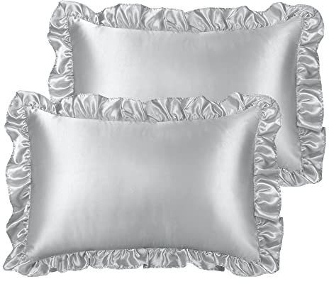 PiccoCasa Kissenbezug Satin Pillowcase 2er Set Kopfkissenbezüge mit rüschen kuschelig Hotelverschluss als Dekokissenbezug für Wohnzimmer Schlafzimmer Sofa Deko Grau 40x60cm