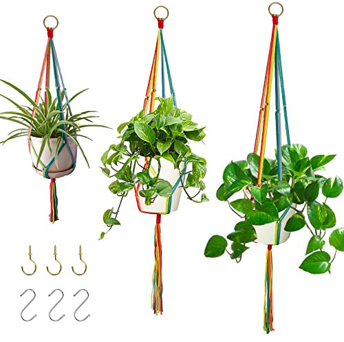 HOWMAX Rainbow Macrame Plant Hangers Indoor Outdoor, 3 Pack Different Size Flower Pot Holder Hanging Plant Holder for Windows Garden Boho Home Decor