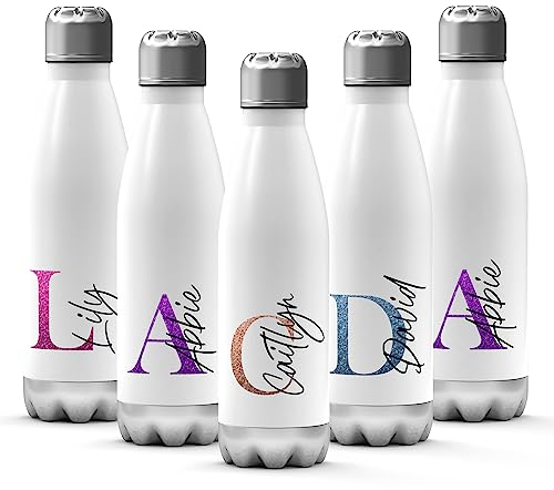 Print Maniacs Personalised Gift Stainless Steel Water Bottle Initial Name Thermal Vacuum Insulated Metal Water Bottle for 12 Hours Hot & 24 Hours Cold Drinks Sports Flask Work Gym Travel 500ml (White)