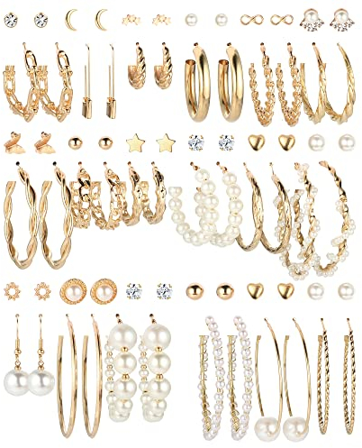 CASSIECA 36 Paar Gold Perlen, Legierung, Ohrringe Set für Damen Mädchen Mode Kettenglied Ohrstecker Tropfen, Boho Statement Acryl Creolen Hypoallergen Geburtstagsfeier Schmuck Geschenk