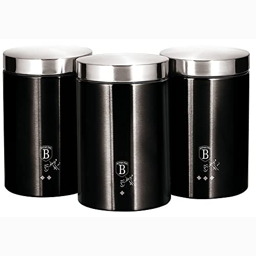 Berlinger Haus Black Silver Juego de 3 Botes Cocina Almacenaje de Acero Inoxidable Resistente, Ø11 x 17,8 cm, Para Guardar Té, Café y Azúcar, Negro Metalizado / Inox