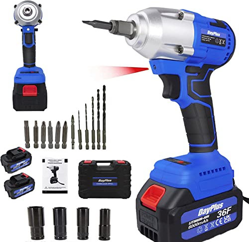 Cordless Impact Wrench, 21V MAX Brushless Power Impact Wrench, 1/2 Inch Power Impact Gun, 2x 6.0Ah Batteries, Max Torque 420N.m, 3200rpm Variable Speed, with 4 Impact Socket, 6 Drills and 6 Screws