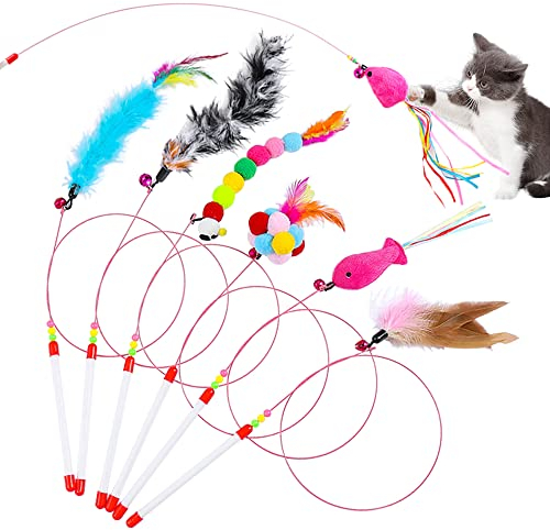 Zasvec Katzenspielzeug 7 Stück Katzenangel mit Federn Interaktives Katzenspielzeug Katzenangel mit Anhänger Feder Glocke Katzenspielzeug Set für Kätzchen und Katzen