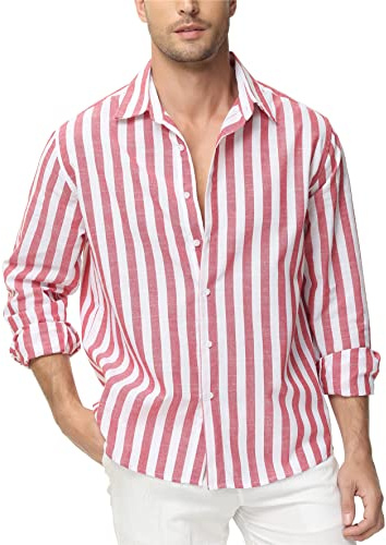 Alivebody Camicia Uomo a Righe Maniche Lunghe Lino Regular Fit Estiva Casual