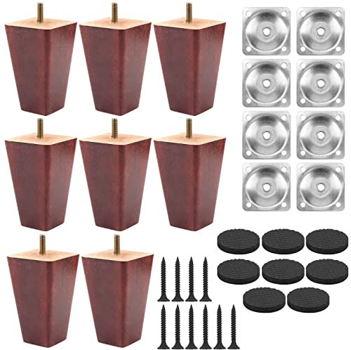 HEIHAK 8 Pack 10 cm / 4 Inch Wooden Furniture Feet, Brownish Red Tapered Wooden Sofa Feet with Screws & Non-Slip Pads Square Wooden Sofa Feet for Sofa, Table, Cabinet and Bed