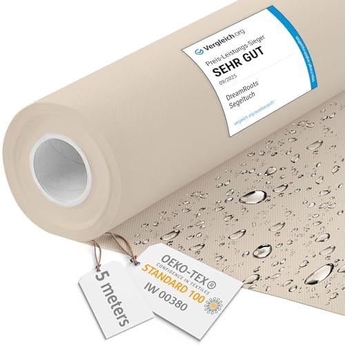 DreamRoots Markisenstoff wasserdicht Meterware, Crème, 5 m | Oxford Segeltuch, Polsterstoff, 160 cm breit, 220 g/m² 600D, wasserabweisend, für außen & Deko