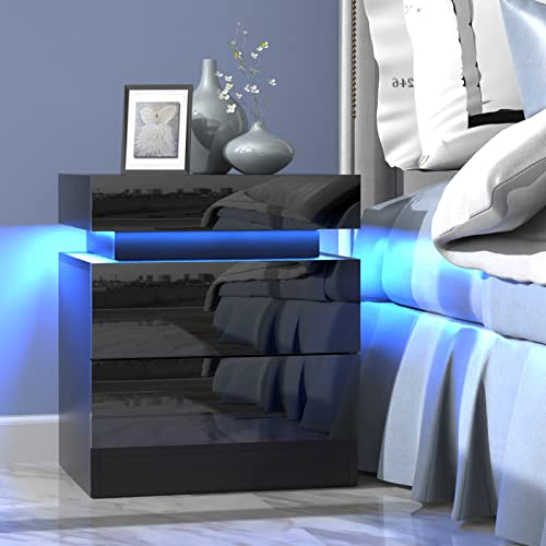 Lvhcmfohm Table de Chevet avec lumière LED, Chevet de Lit, Table de Nuit avec 2 Tiroirs et Rangement à Rabat supérieur pour Chambre à Coucher, Salon (Noir, 45x35x52cm)
