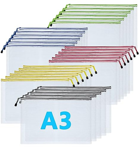 VIDETOL A3 Zip Plastic Wallets, 25 Pcs A3 Zip Lock Bags Mesh Document Wallet, Zips Wallets for School Office Homework Travel Storage Bags, 5 Colors