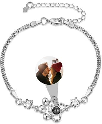 CSstone Foto Projektion Armband, Hund Anhänger Armband mit Bild innen, Fotos Armband für Frauen Männer, 925 Sterling Silber Memorial Armband mit Liebe Haustier Foto (Silber/Rose)