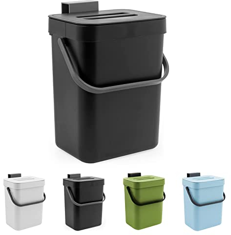 Kitchen Small Trash Can with Lid, 5L/1.3 Gal Hanging Compost Bin Under Sink, Plastic Waste Basket Garbage Box for Kitchen Counter/Bedroom/Bathroom/Dorm/Office/Camping (Black)