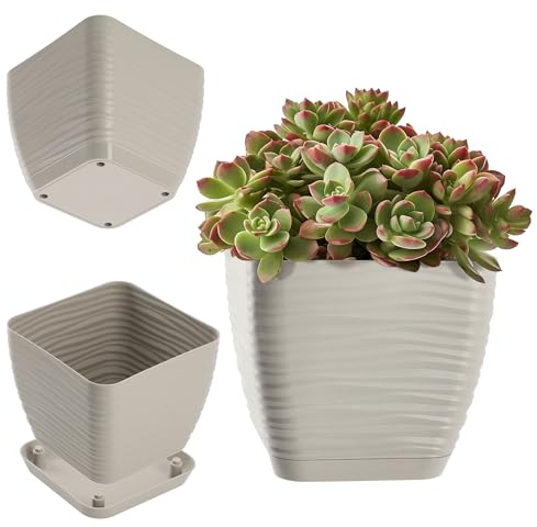 KADAX Blumentopf mit Untersetzer, Blumenkübel, Pflanzkübel für Innen, Leichter Pflanztopf aus Kunststoff, Übertopf für Blumen, Pflanzen, Haus, Zimmer, Pflanzgefäß (13cm - Quadratisch, grau)