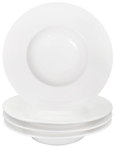 jinsongdafa Lot de 4 assiettes creuses à pâtes, bols à soupe de 350 ml, assiettes plates blanches, bols avec bord et bord, en porcelaine de qualité supérieure, meilleur cadeau (25,5 cm)