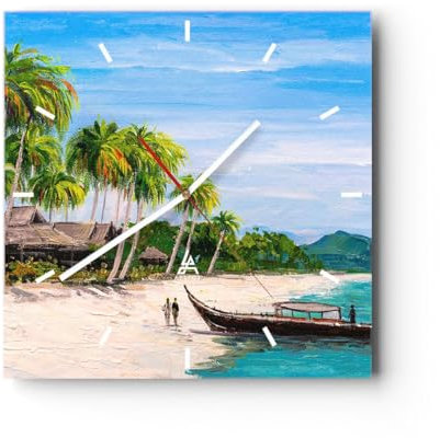 Modern Wanduhr Strand Exotik Palmen 30x30cm Quadrat Klein Wand Uhr Glas Analog Zimmeruhren Küche Büro Wohnzimmer Glasuhr Wall Clock Dekoration Design Wanddekoration Küchenuhr C3AC30x30-5516