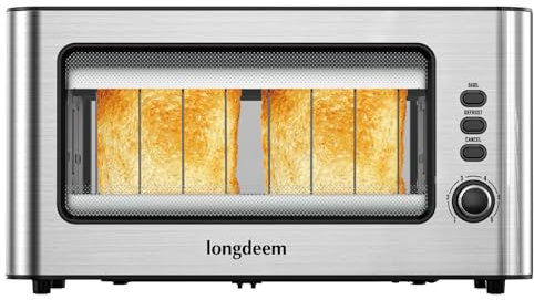 LONGDEEM 2 Slice Toaster 1.75 Extra Wide Slots, See Through Window 6-Shade Settings & Reheat/Defrost/Cancel Function, Removal Crumb Tray & Under Base Cord Storage, Matt silver