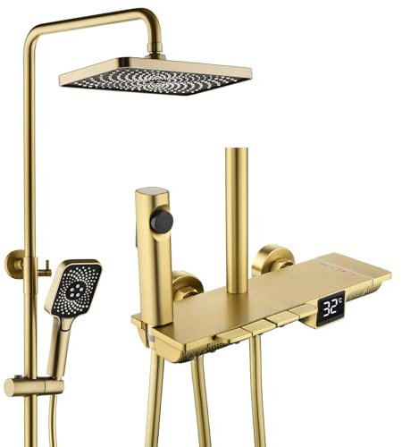 BEITH Thermostatic Shower Set, Piano Key Design Shower Faucet Set, 30x18cm Square Shower System with Bathtub Faucet, LED Digital Display, Hydroelectric Power, Booster Spray Gun (Hot&Cold Optional)
