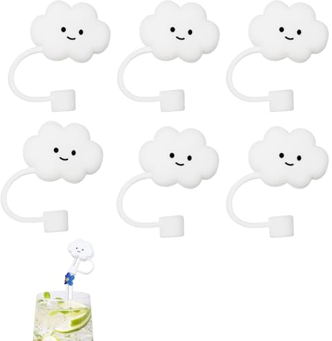 6PCS Drinking Straw Covers Cap Cloud Shaped White Straw Covers for Reusable Dust-Proof Portable Straw Topper Lid Cute Cartoon Straw Tip Covers Silicone Straw Tips Silicone Drinking Straw Cap Toppers