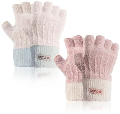 EUPSIIU 2 Paar Fingerlose Handschuhe, Fingerlose Fäustlinge Handwärmer, Strick Warme Winterhandschuhe, Fahren Camping Wandern Laufen Radfahren für Herren und Damen, Einheitsgröße (Rosa, Beige