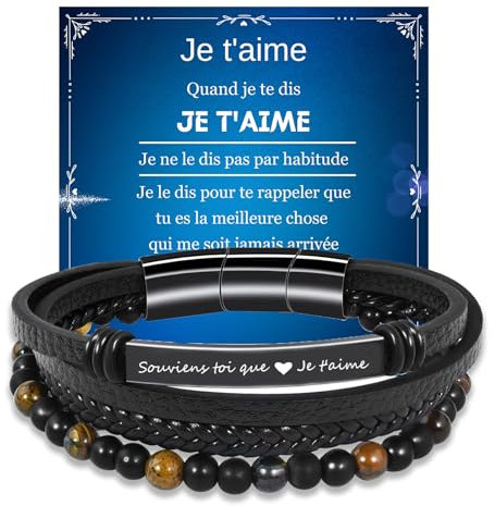 Terrishe Bracelet Cuir Homme avec Pierres Naturelles, Idée Cadeau Anniversaire, Bracelet Pour Hommes Cadeau Couple Petit Ami Fils Frère Ami Papa Saint Valentin Fête des Pères Noël