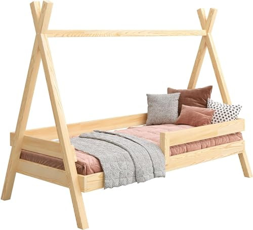 YOUKO Kinderbett Tipi Plus 190x80 cm - Rausfallschutz für Kinder - Montessori Bett aus Kiefernholz - Kinder Tipi - Holzbett Kiefer Ohne Matratze