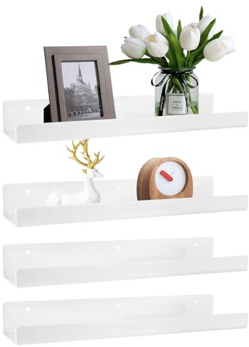 LDHHYH 4er Set Wandregal Ohne Bohren, Acryl Schweberegal 38cm, Weiß - Bilderleiste Bücherregal für Küche, Bad, Büro, Wohnzimmer