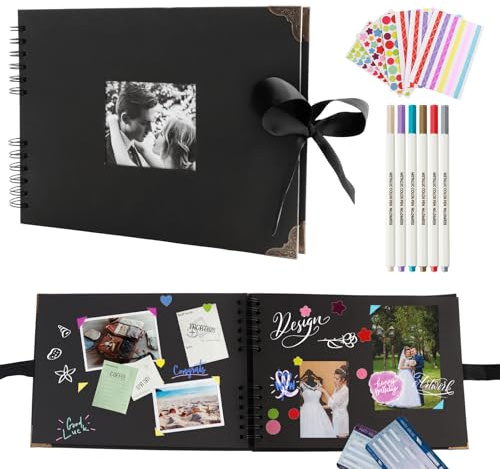 ZUYIST Fotoalbum zum Selbstgestalten 30x21cm mit 80 Schwarze Seiten | Platz für 160 Fotos, DIY Groß Zum Einkleben Scrapbook Set für Jahrestag Valentinstag,Abschluss mit Protektkegeln