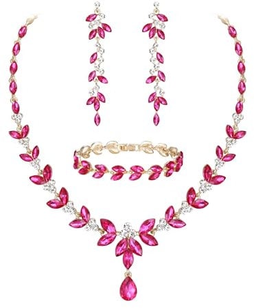 Ever Faith Marquise Crystal Costume Party Jewellery Set for Women, Gorgeous Leaf Rhinestone Wedding Necklace Dangle Earrings Tennis Bracelet Sets Hot Pink Gold-Tone