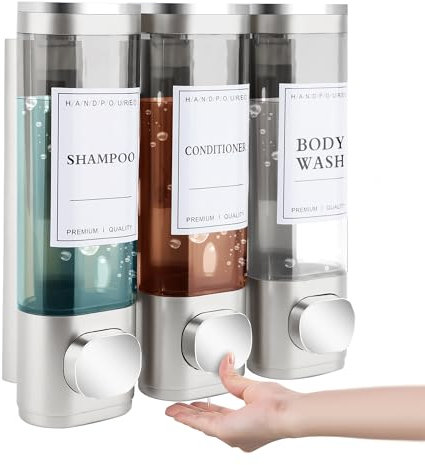 MEKOTRIN Distributeur de Savon Mural, Distributeur Gel Douche, Distributeur Triple de Shampoing et Après-shampoing sans Perçage ABS pour Salle de Bain Cuisine Marché Hôtel Restaurant 300ML*3(Argent)