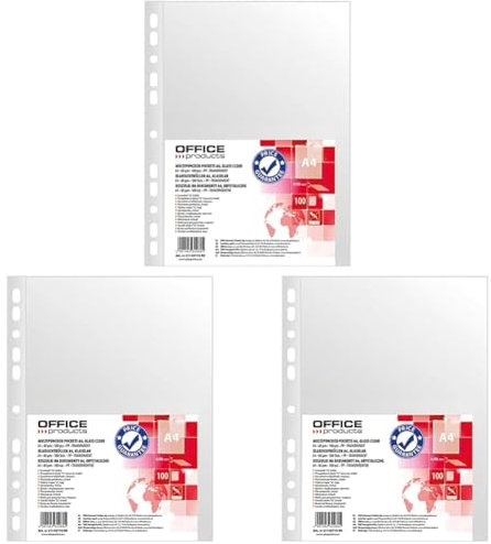 OFFICE PRODUCTS Prospekthülle/Klarsichthüllen Glasklar A4 / 100 Stück/Oben Offen Klarsichthüllen Sicht-Hüllen Gelochte Plastikhülle/Transparent 60 mikron/Verstärkte Kante (Packung mit 3)