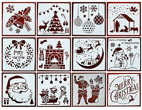 Lot de 12 grands pochoirs de peinture de Noël en PET pour travaux manuels, scrapbooking
