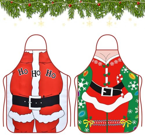LQTSLFM 2 Stück Cartoon Weihnachten Schürze,Weihnachtsschürzen,Weihnachtsschürze Erwachsene,Schürze für Männer Damen (Rot A)