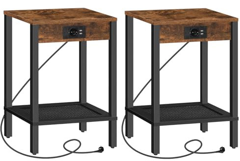 HOOBRO Tables d’Appoint avec Station de Charge, Lot de 2, Tables de Chevet avec Prise et 2 Ports USB, Bouts de Canapé à 2 Niveaux, pour Chambre, Salon, Marron Rustique et Noir EBF91CBZP201