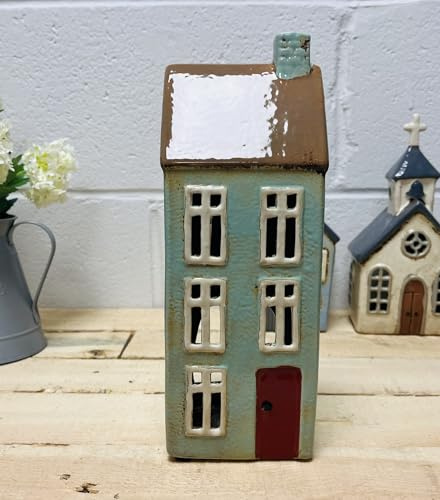 Tealight Candle Holder Housewarming Gift Cottage Ceramic Village Pottery House Ornament (Light Blue Town House (28cm))