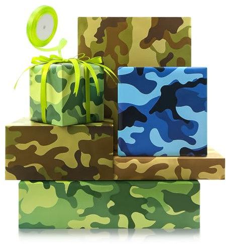 Geschenkpapier im Army-Tarnmuster in Braun, Blau, Grün, 4 Blätter, 50x70 cm mit passendem 22m Seidenband, Camouflage-Geschenkpapier für Männer, Jungen, Kindergeburtstage, Outdoor-Party