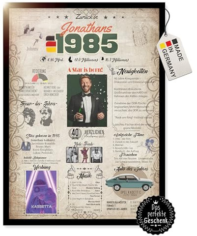 myDreamwork® 1985-5 Felder PERSONALISIERBAR! Geschenk zum 40 Geburtstag Mann - 40. Geburtstag Frau Mann - Geburtstagskarte - 40 Jahre Geschenk Mann (DIN-A4)