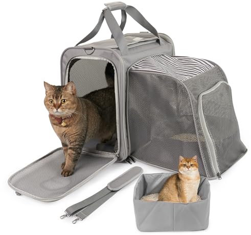 LitaiL Transportbox Katze Katzen Transportboxen für Lange Reisen, Faltbare Katzentransportbox mit Katzenklo, Transporttasche Katze mit Katzentoiletten, 42L x 30B x 42H cm, Grau